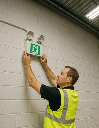 Electrician installing commercial emergency lighting