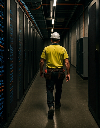 Electrician walking through a data centre
