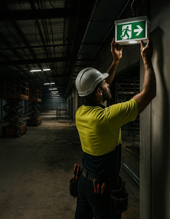 Electrician installing emergency lighting for industrial site
