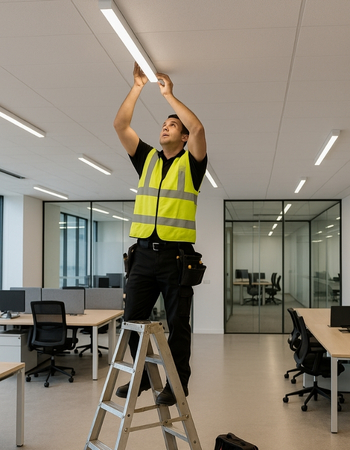 Electrician installing office lighting