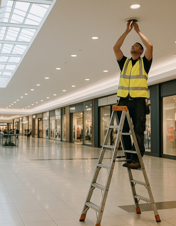 Electrician installing downlights at local shopping centre